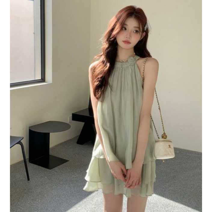 여성 여름 원피스 세트 슬리브리스 홀터넥 원피스 프릴 치맛자락 미니원피스