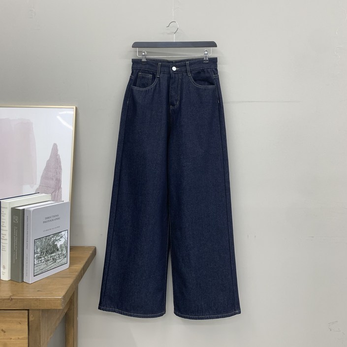 행복여 로그 난스판 스티치 생지 융 기모 와이드 데님 청바지