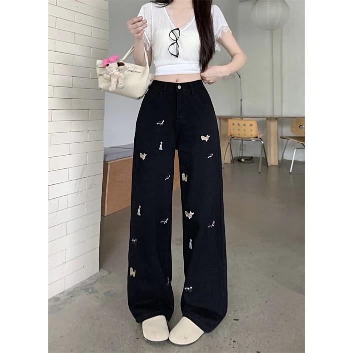 해피유통  여성용 고속 허리 와이드 팬츠 나비 자수 디테일 캐주얼 청바지  CLY