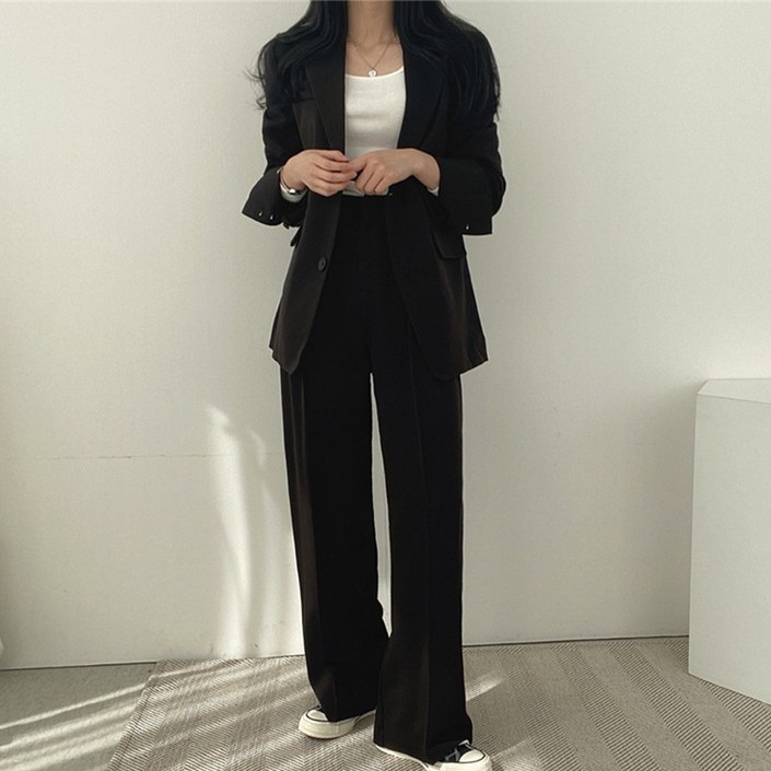 UPPERCUT 여성 싱글 버튼 자켓 핀턱 와이드 슬랙스 상하세트 정장 셋업 빅사이즈