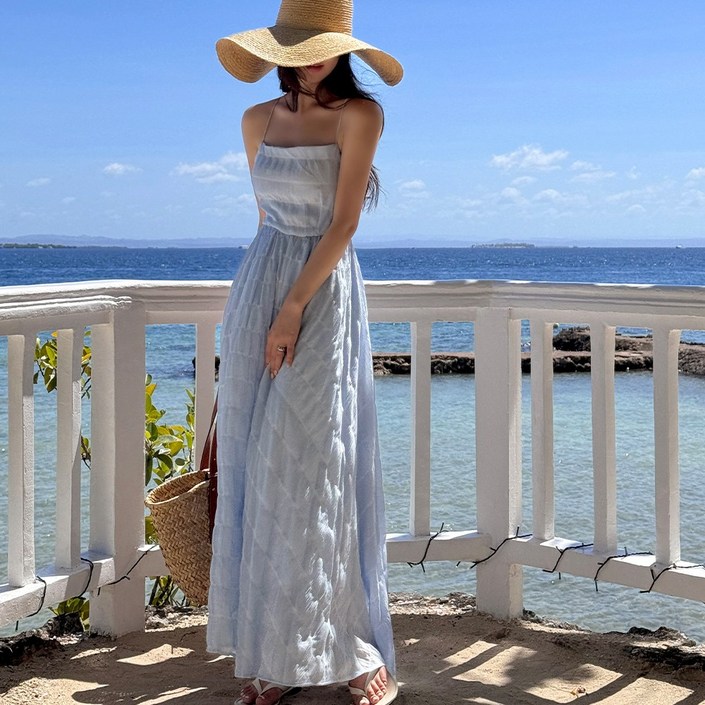 [비치팜] 바닐라 스카이 롱 원피스 비치룩 백 리스 쉬폰 드레스