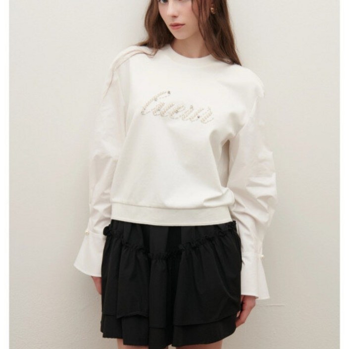 샤틴 진주,보석장식 소매배색 저지티셔츠S251B552A02JK