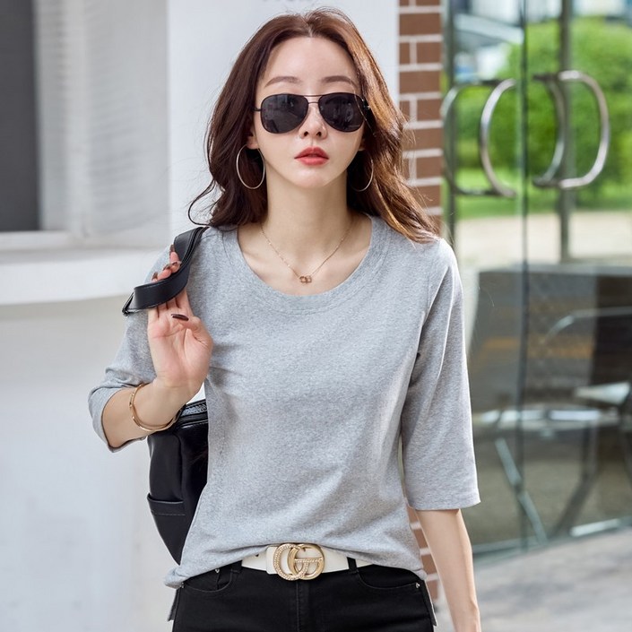 NEW 가을 여성 루즈핏 7부티셔츠 라운드반팔티 100 프리미엄 면 기본 칠부 반팔 무지티 여성 간절기 상의 빅사이즈