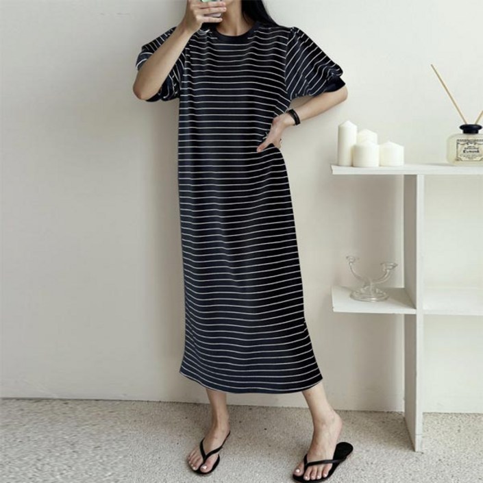 마이쏭 여성 루즈핏 빅사이즈 소다퍼프소매단가라롱원피스