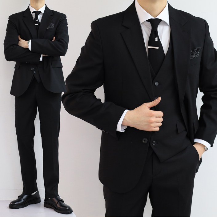 넥타이증정 남자 스판 블랙정장 베스트 결혼식하객룩 슬림핏수트 빅사이즈정장 빅사이즈대환영