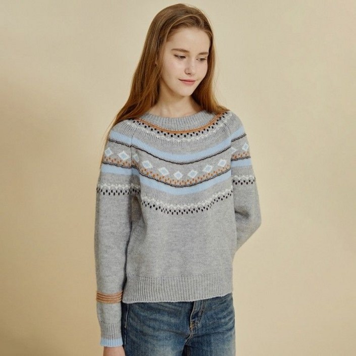 백화점 출고 더틸버리 노르딕 배색 라운드넥 풀오버 니트 TRCM1PO52W