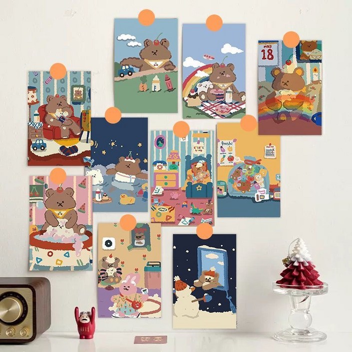 귀여운 곰돌이 인테리어 엽서 벽꾸미기 실내 촬영 배경용 엽서 카드 10종 세트