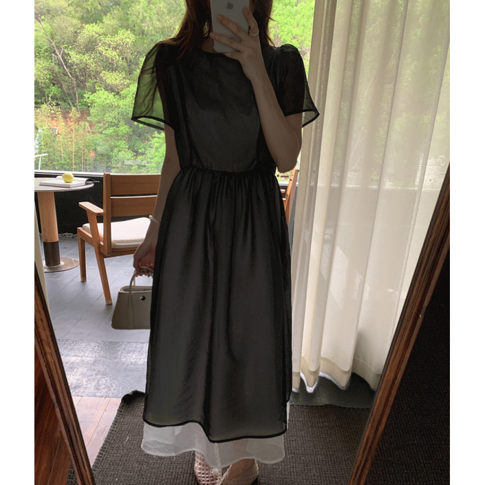 banhany케이포 페미닌 퍼프 오간자 플레어 롱 원피스