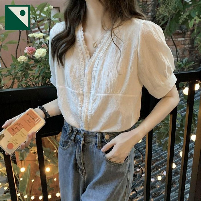 레이스 퍼프 리린 새틴 브이넥 링클프리 블라우스 여성셔츠 이상봉 쉬폰 봄 데일리룩