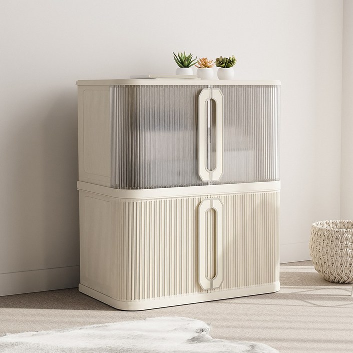 홈비 양문형 슬라이딩 도어 적층형 리빙박스, 1개, 아이보리