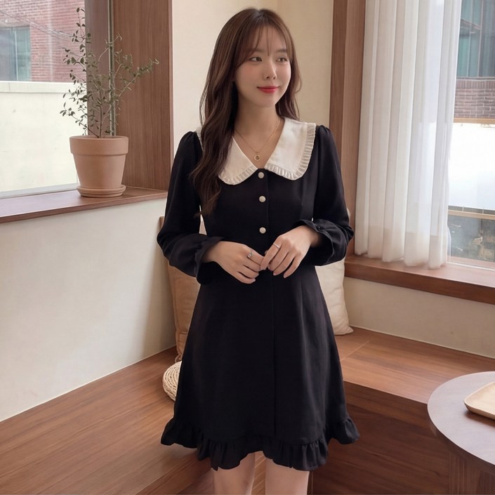D1223 두호엘 빅사이즈 여성 프릴 카라 블랙 원피스 봄가을용