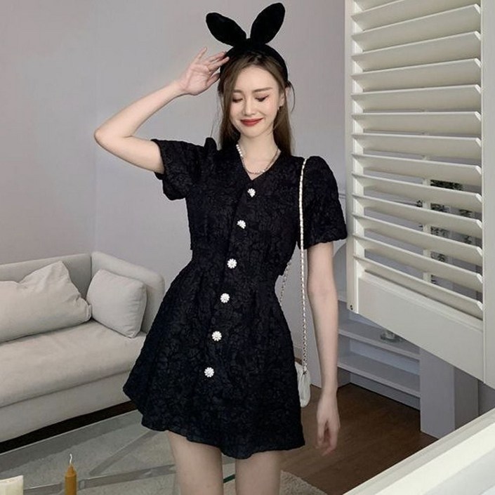 결혼식 트위드 상견례 피로연 원피스 하객룩 여자 반팔 스커트 데이트룩 버튼 프릴 미팅 you*3071df