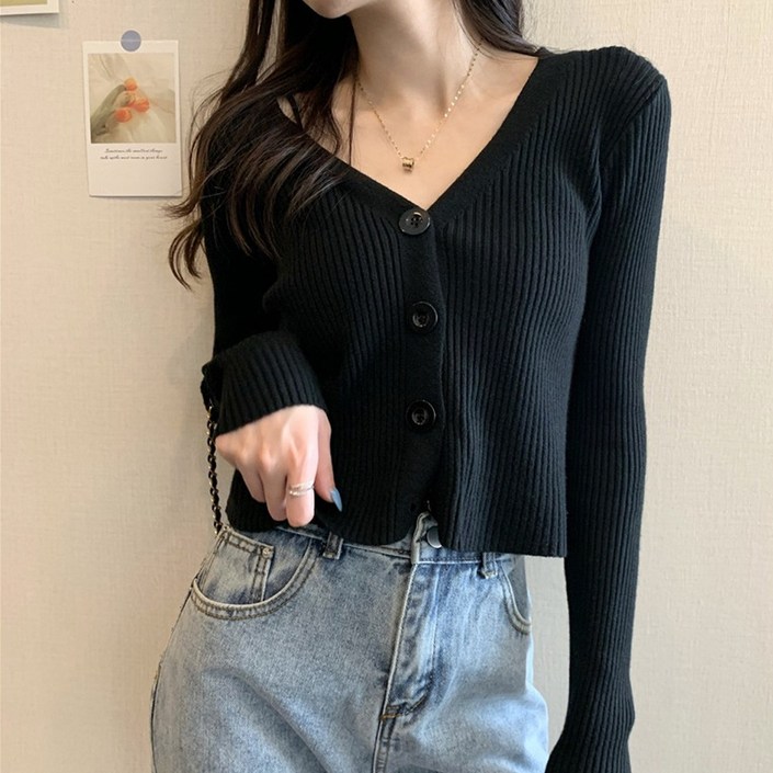 후암마켓 여성 왕단추 브이넥 슬림 골지 니트 긴팔 크롭 가디건
