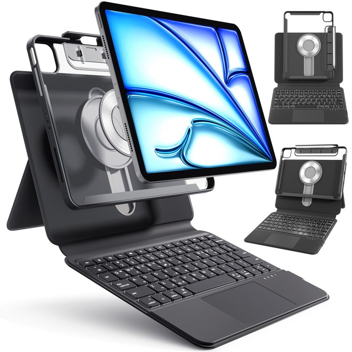 AITEWO 아이패드 매직키보드 케이스 펜슬 수납 360도회전 일체형 맥세이프 세로 가로 트랙패드 에어7654321세대 프로 1110.91312.9인치, 블랙, 아이패드 프로 7세대 M4 11인치, 1개