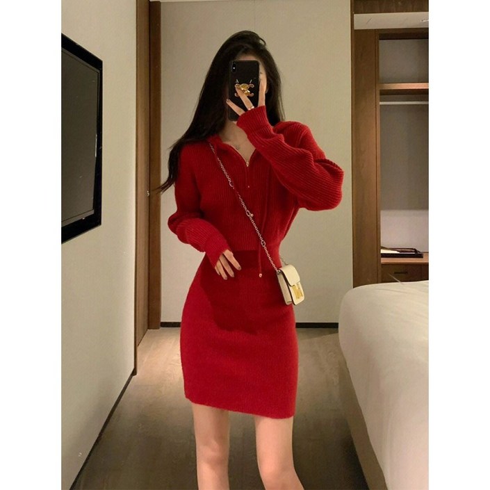 채윤러브 여성 카라넥 슬림핏 니트 원피스 CY0451A