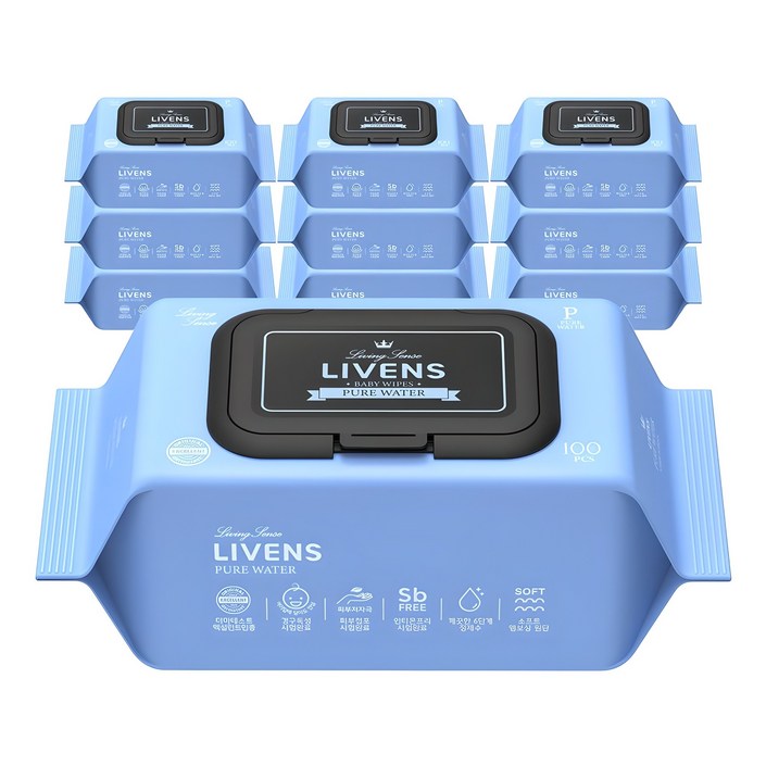 리벤스 퓨어워터 아기물티슈 엠보싱 캡형, 10개, 100매, 50g