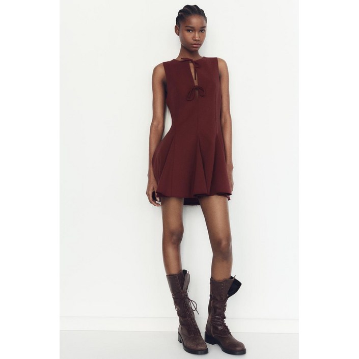 자라 ZARA 리본 고데 미니 원피스  라이트 버건디 4661316685 599381