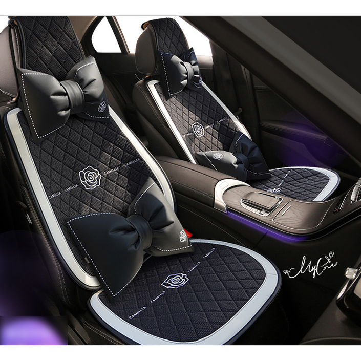 파파무니 자동차 린넨 사계절용 통풍 리본 시트커버 쿠션 방석 세트, 블랙 앞좌석 1세트, 1개