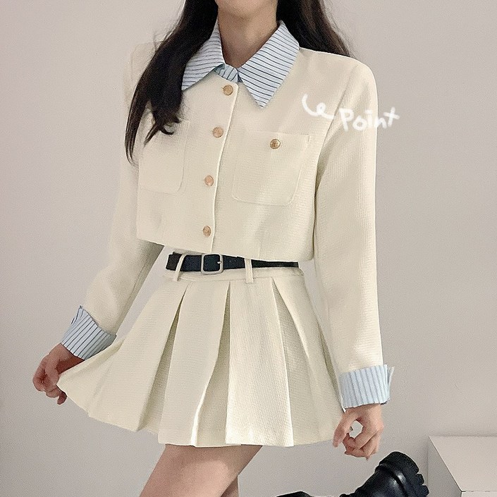 디데이뉴 SET가격,코디완성 트위드 자켓벨트주름 펌핀 스커트 스트라이프 셔츠 레이어드 세트 2color