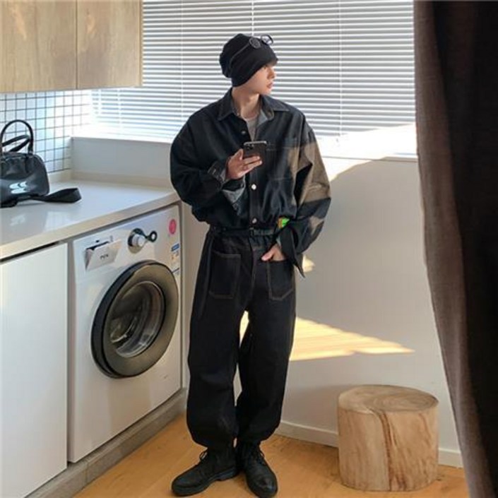 COUYOR 남성 데님 점프슈트 패션 루즈핏 상하의 세트 작업복