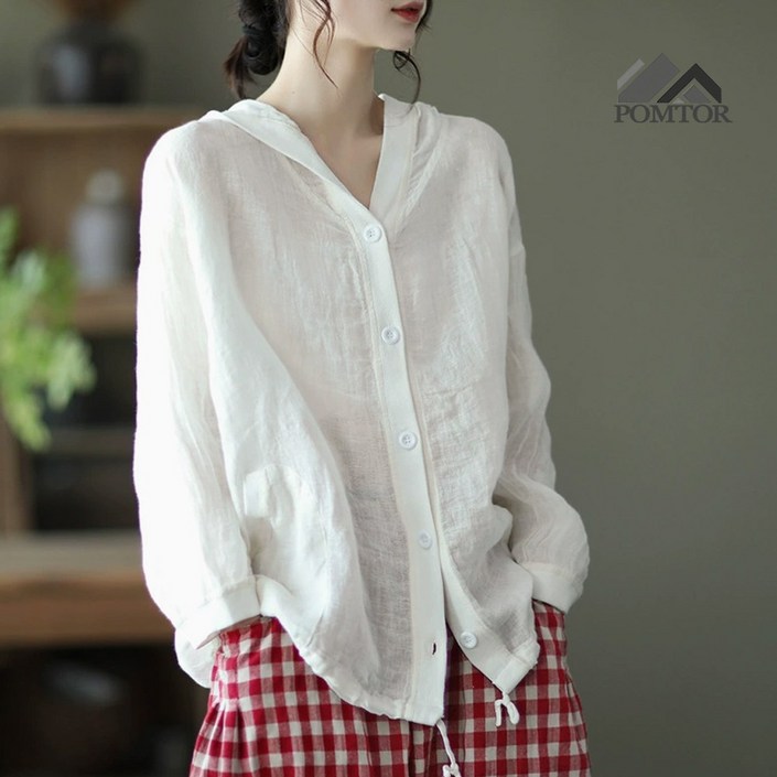 POMTOR 여성 시원한 린넨 루즈핏 후드 맨투맨  빅사이즈 긴팔 셔츠