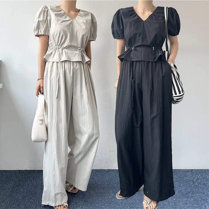 에이스토리 바스락 와이드 브이넥 블라우스 투피스