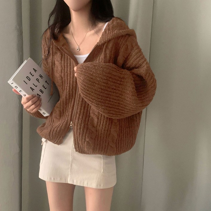 FINE ART 여성용 원픽 데일리 니트 후드니트 루즈핏 오버핏 꽈배기 투웨이 후드 가디건