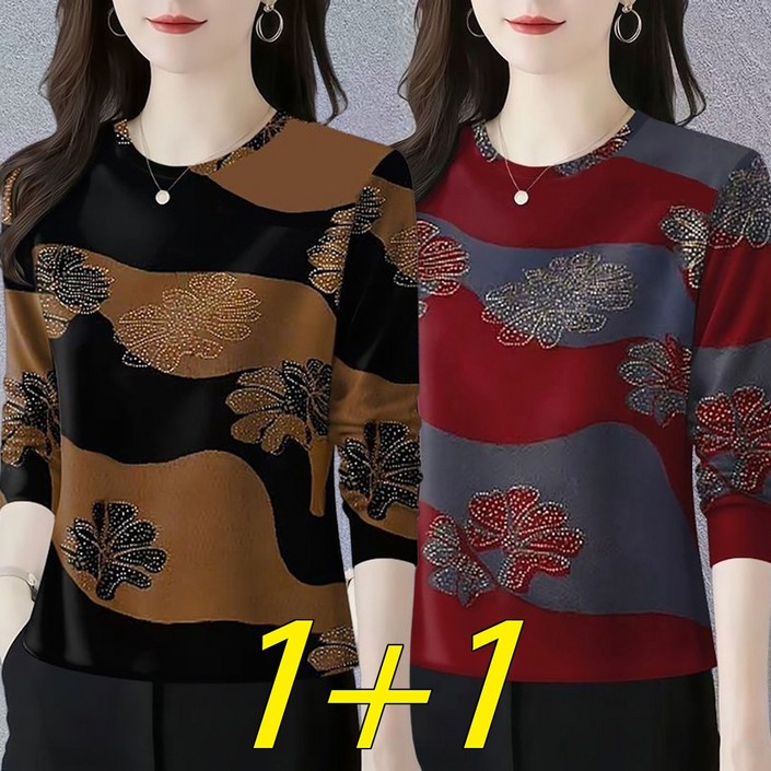 MOSAIRATION 여성 112장묶음 패션 라운드넥 긴팔 티셔츠 배색 디자인 중년 엄마 이너 티셔츠 M0112128