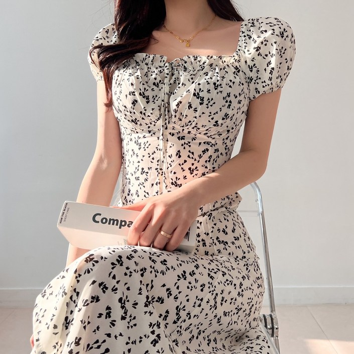 투디 투웨이 밴딩 퍼프 반팔 리본 플라워 롱원피스, 3컬러 투디 투웨이 밴딩 퍼프 반팔 리본 플라워 롱원피스, 3컬러