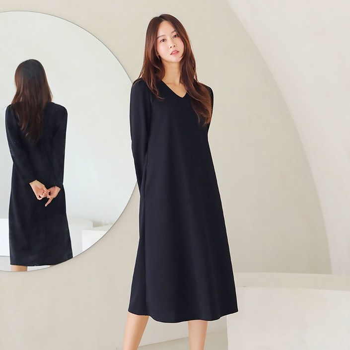 프롬코 여성 봄가을 긴팔 블랙 원피스 자체제작 FRC77