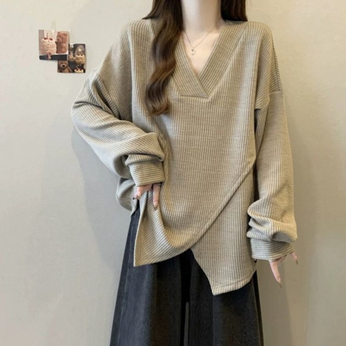 플러스사이즈 긴팔 티셔츠 슬림 실루엣 체형 커버 우아한 순색 트렌디한 데일리 오버핏 긴팔