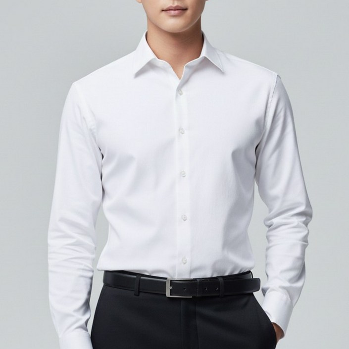 엘르 사계절 링클프리 모달 스판 솔리드 배색 화이트 슬림핏 긴소매 셔츠 88361