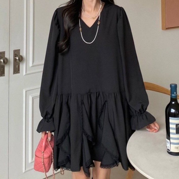 루즈핏 프릴 브이넥 미니 원피스 빅사이즈 하객룩