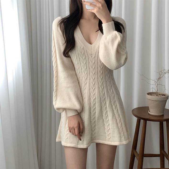 구디프 여성용 브이넥 꽈배기 미니 플레어 데일리룩 니트원피스