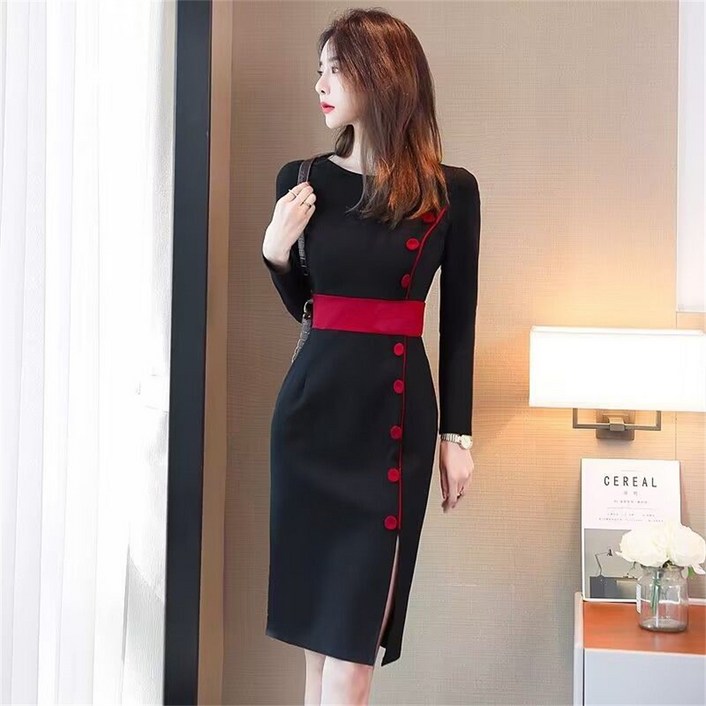 besteffie 여성용 우아한 가을 겨울 슬림핏 미디 원피스 오피스룩 여자 하객룩 데일리 무릎 길이 정장 원피스 Q55