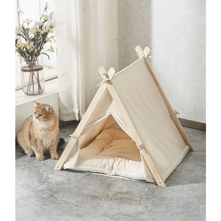 고양이 숨숨집 원목 텐트 하우스, 1개, 아이보리