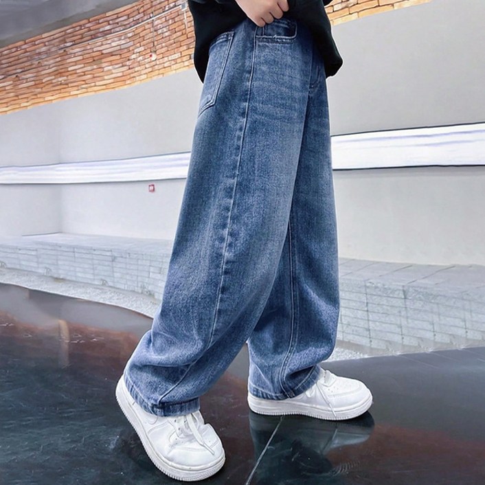 UPPERCUT 주니어 데님 와이드팬츠 아동 밴딩청바지 키즈 통바지 초등학생 청바지 워싱 데님팬츠 남녀공용