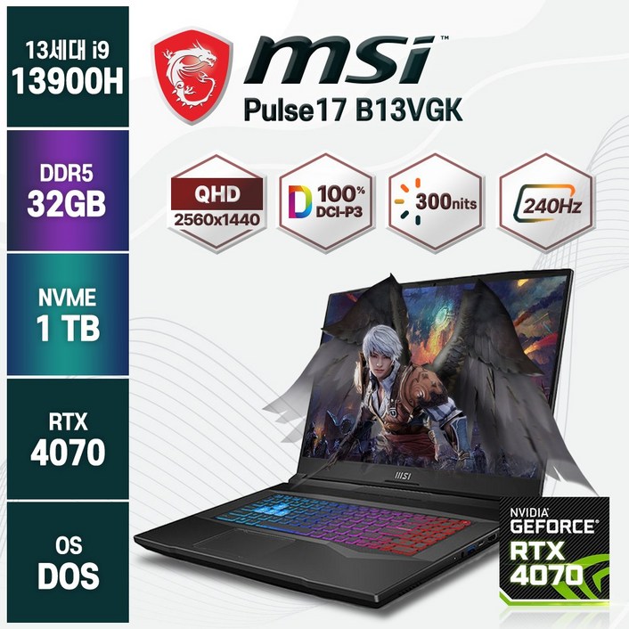 2023년형 MSI Pulse 17 B13VGK 240Hz QHD 13세대 인텔 i9 RTX4070 게이밍노트북, 블랙, B13VGK, 코어i9, 1TB, 32GB, Free DOS