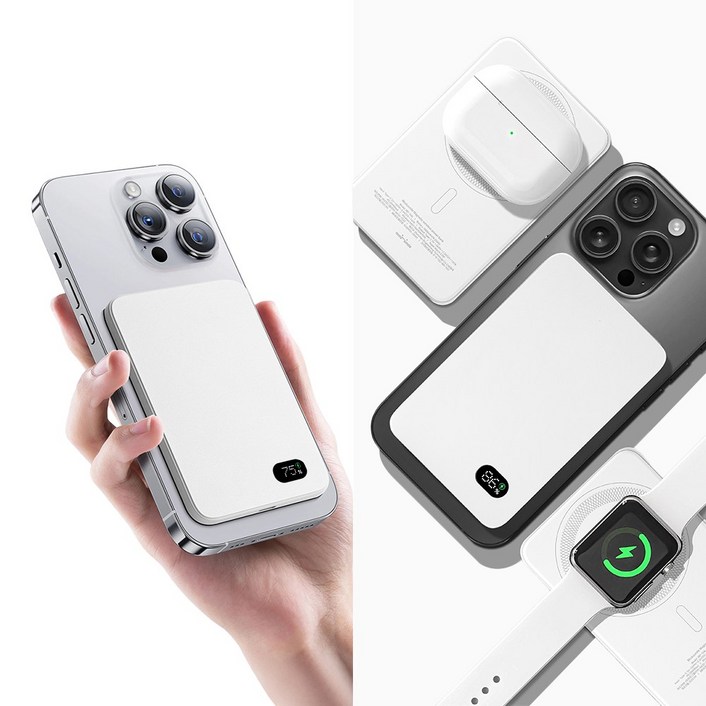 모두스마일 3in1 고속충전 맥세이프 보조배터리, 화이트 무광 5000mAh