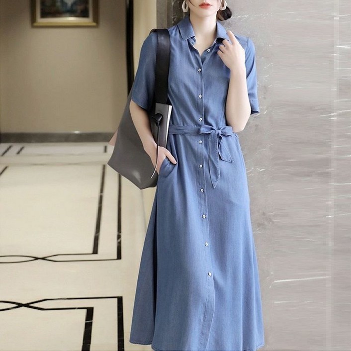쁘띠꼬모 데일리 여성 캐주얼 모던 데님셔츠원피스 허리스트랩 A라인 롱원피스 QXT582042
