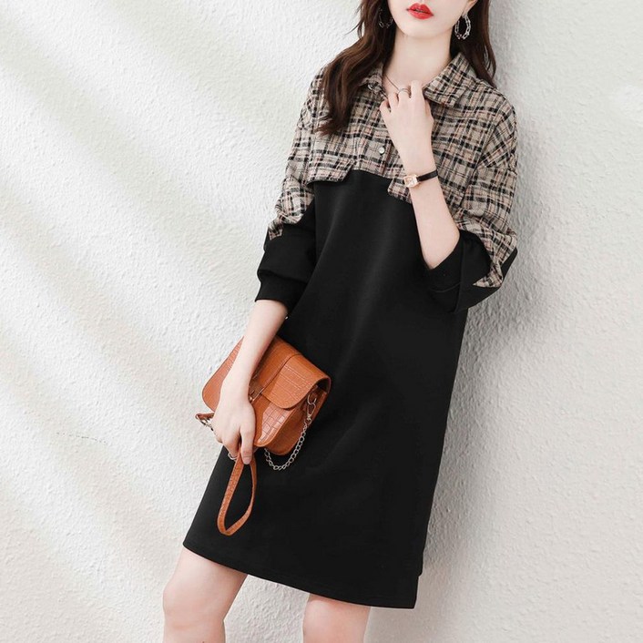 MOSAIRATION 여성 신상 간절기 카라넥 원피스 미디 체크무늬 패치워크 빈티지 통근 원피스 D0110113 AA