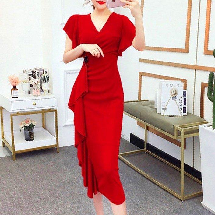 해피유통여성 우아한 가을겨울 슬림 V넥 반팔 원피스 디자인 감각적인 랩 스타일bhf