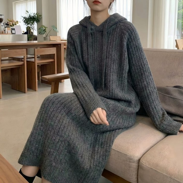 빅사이즈 골지 후드 롱 원피스