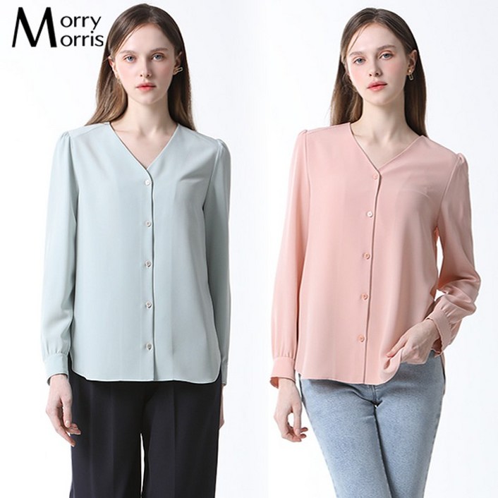 리스트 모리모리스Morry Morris 노카라 브이넥 퍼프소매 블라우스