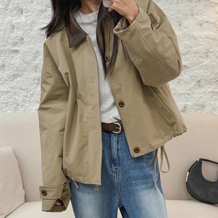 여성용 코튼 레더 배색 카라 워크 자켓 3color