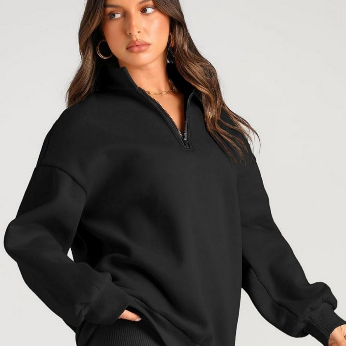 여성 반집업 맨투맨 티셔츠 가을 겨울 루즈핏 롱 티셔츠