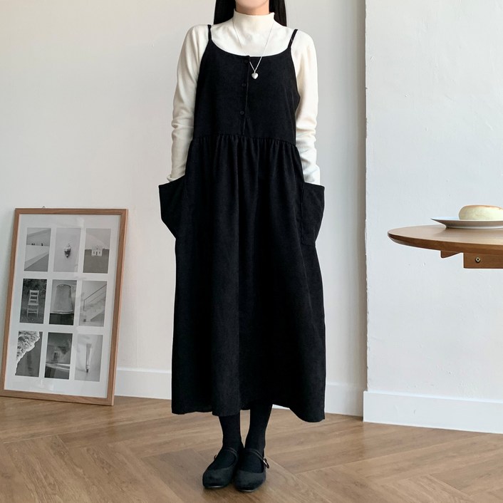 더한땀 빅사이즈 코듀로이 포켓 레이어드 원피스