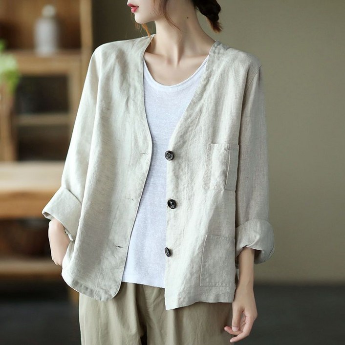 COBOTOR 여성 면마 자켓 얇은 심플 베이직 봄 여름 가을 여자 긴팔 재킷 상의 신상 women linen jacket XK0450