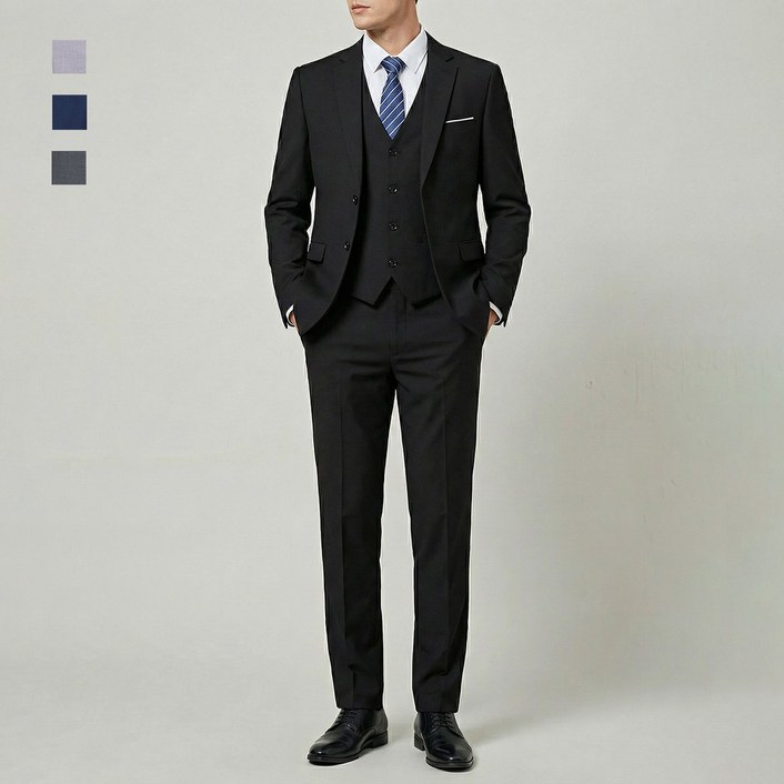 Cloudstyle 정교한 투버튼 장식 순색 데일리 남성 정장 세트 상의+조끼+하의 면접 기획 결혼식 양복