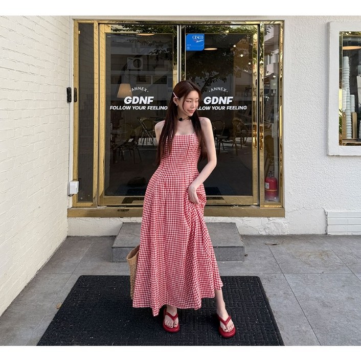 체인지쉬change she여성 프렌치 스퀘어넥 체크 민소매 롱 원피스 휴양지 원피스